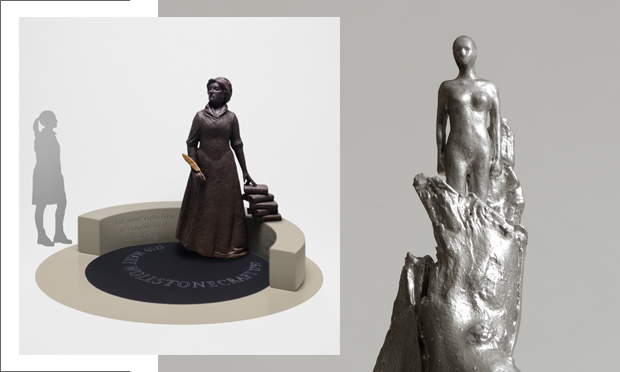 Vindication: the two competing designs for the proposed statue of feminist trailblazer Mary Wollstonecraft - Martin Jennings' (left) and Maggi Hambling's (right). Images courtesy the artists